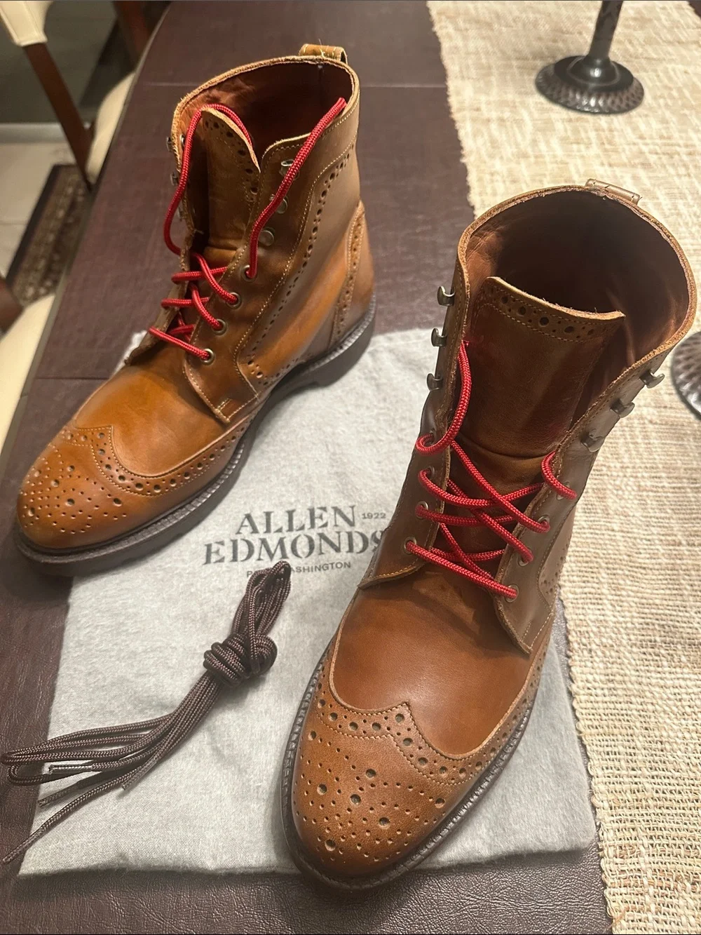 Allen Edmonds Men’s Tan/Brown Leather Wingtip Boots with Red Laces